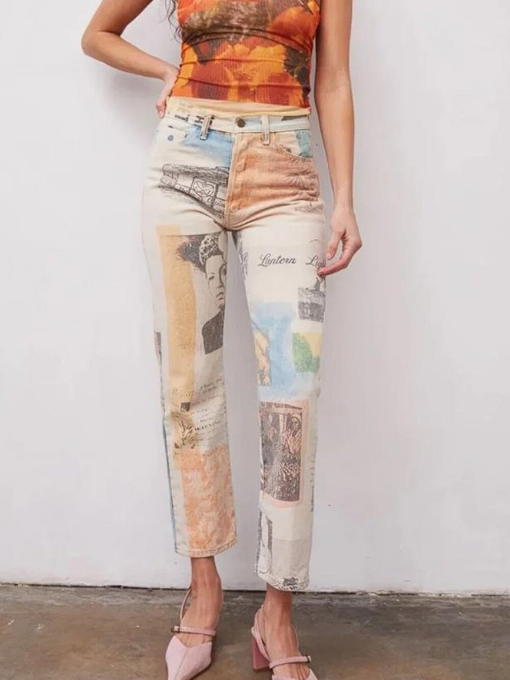 Printed Patchwork Ankle Jeans - Multicolor